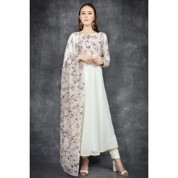 Floral Printed Dress White Anarkali Readymade