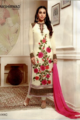 Cream & Pink Semi-Stitched Georgette Designer Suit