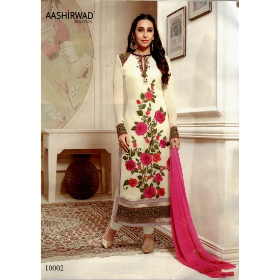 Cream & Pink Semi-Stitched Georgette Designer Suit