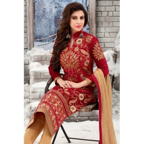 Red & Gold Embroidered Velvet Straight Suit