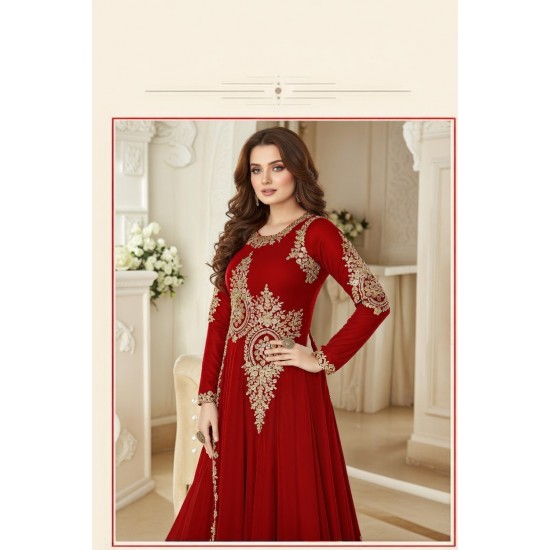 RED HEAVY EMBROIDERED FLOOR LENGTH ANARKALI DRESS