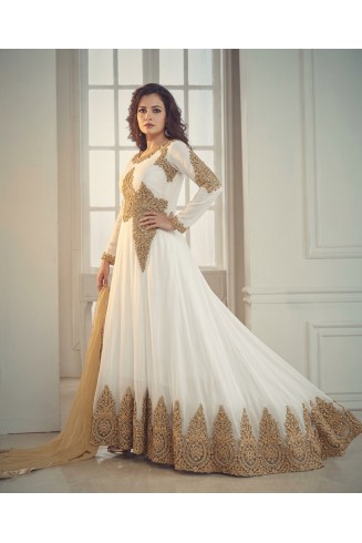 WHITE HEAVY EMBROIDERED FLOOR LENGTH ANARKALI DRESS
