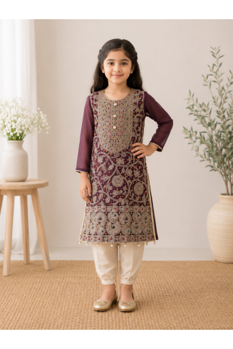 Brown Embroidered Girls Party Wear Dress