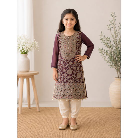 Brown Embroidered Girls Party Wear Dress