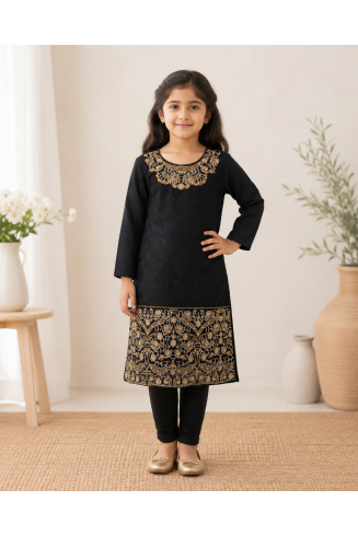 Black Embroidered Girls Readymade Suit