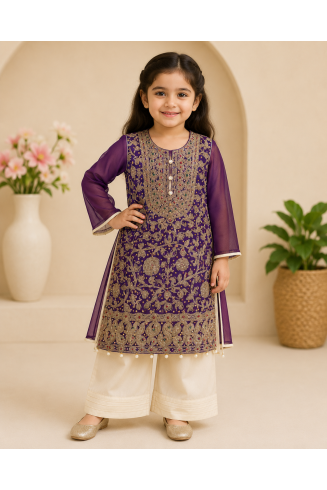 Plum Embroidered Chiffon Girls Suit