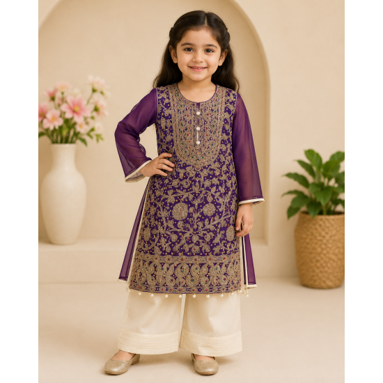 Plum Embroidered Chiffon Girls Suit