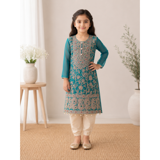 Emerald Green Embroidered Girls Party Suit