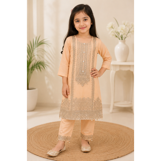 Orange Embroidered Cotton Girls Salwar Suit