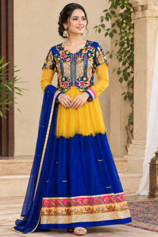 Orange Blue A-Line Embroidered Jacket Style Suit