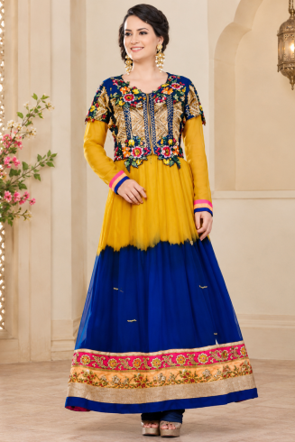 Orange Blue A-Line Embroidered Jacket Style Suit