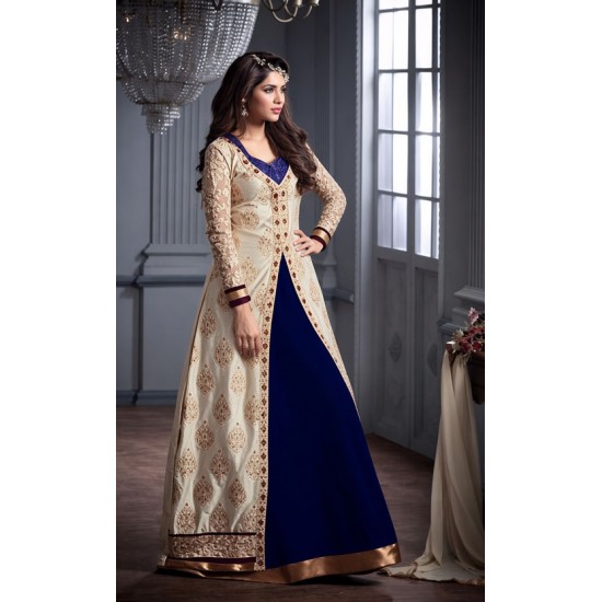Elegant Cream Embellished Jacket Dress Over Royal Blue Velvet Gown