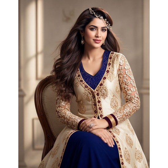 Elegant Cream Embellished Jacket Dress Over Royal Blue Velvet Gown