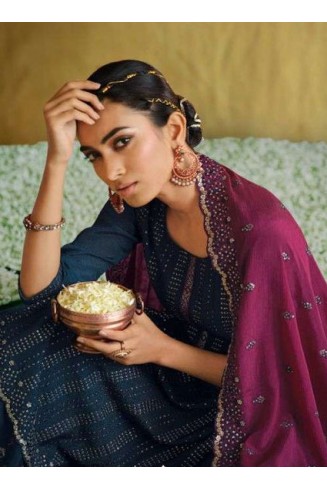 Blue Designer Fancy Heavy Embroidered Chinon Gharara Set