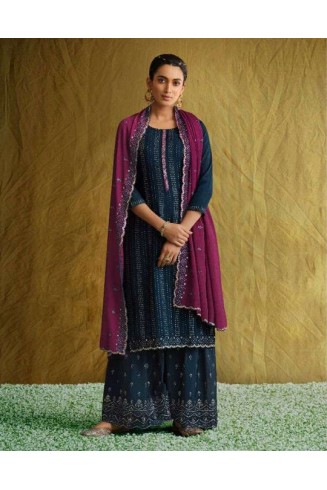Blue Designer Fancy Heavy Embroidered Chinon Gharara Set