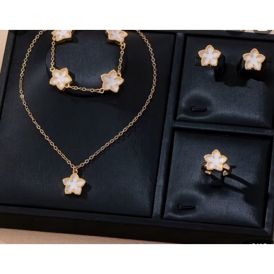 Gold Tone Flower Necklace, Stud Earrings, Ring & Bracelet Set