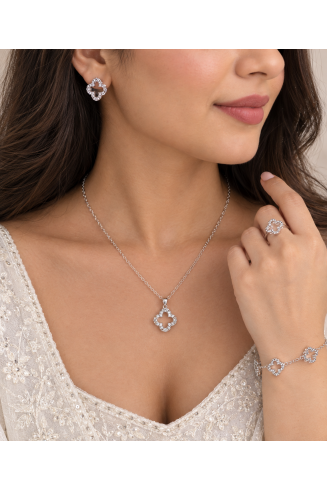 Silver Diamond Style Necklace, Ring, Earrings & Bracelet Set