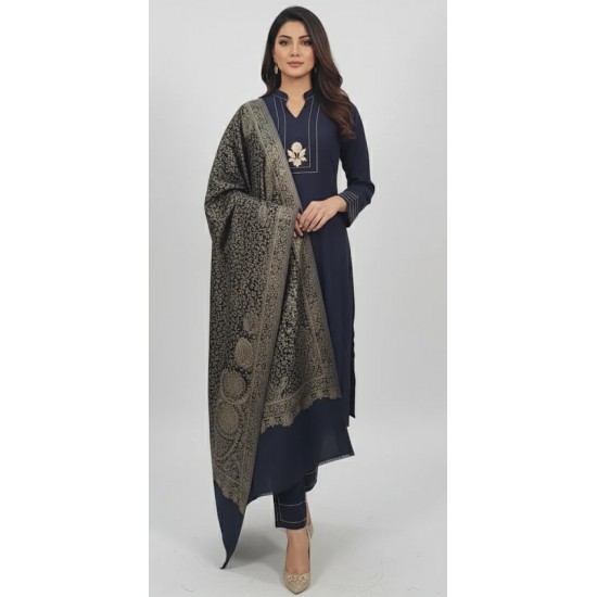 Navy Blue Winter Rayon Co-ord Suit with Iconic Gold Jacquard Shawl