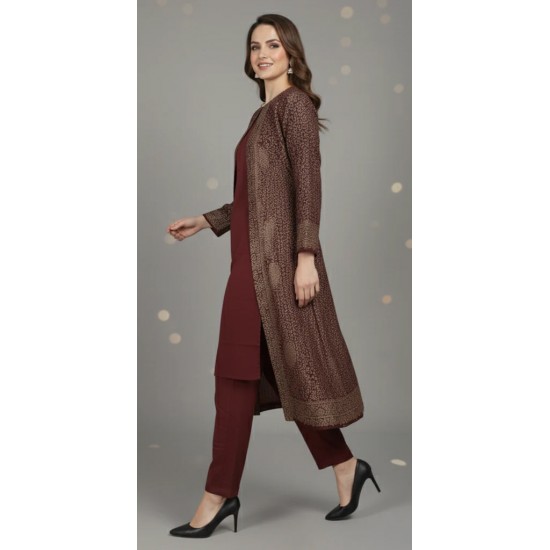 Maroon Pashmina Style Winter Co-ord Set Premium Woven Heritage Jacket Suit