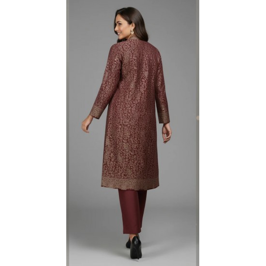 Maroon Pashmina Style Winter Co-ord Set Premium Woven Heritage Jacket Suit