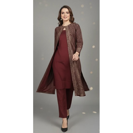 Maroon Pashmina Style Winter Co-ord Set Premium Woven Heritage Jacket Suit