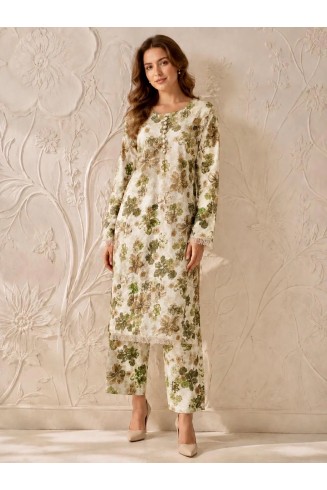 Green Printed Linen Pakistani Style Co-ord Set