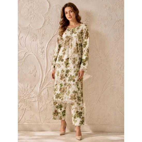 Green Printed Linen Pakistani Style Co-ord Set