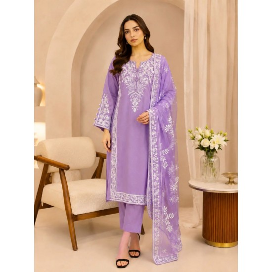 Lavender 3 Piece Suit with Thread Embroidery, Trouser & Linen Slub Printed Dupatta