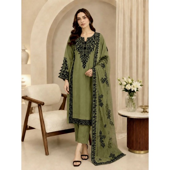 Olive Green Ready-to-Wear 3 Piece Viscose Suit