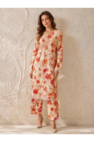 Red Readymade Linen Floral Printed Co-Ord Set