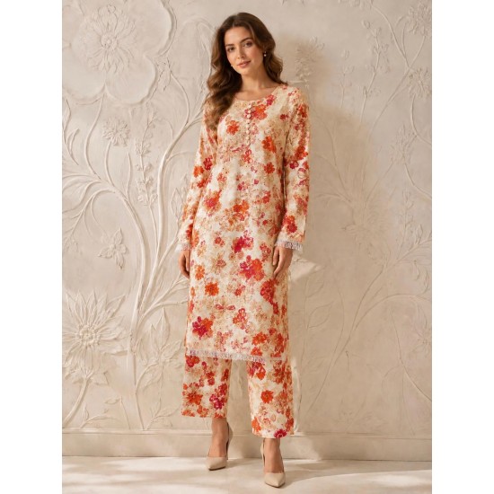Red Readymade Linen Floral Printed Co-Ord Set