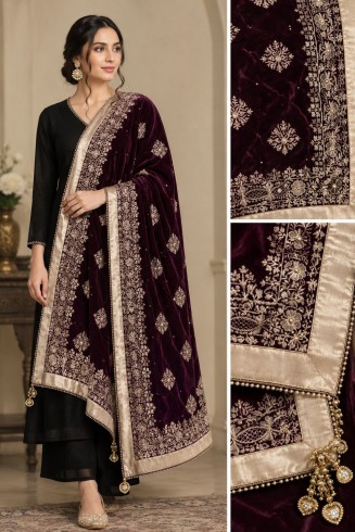 Plum Heavy Embroidered Traditional Velvet Shawl