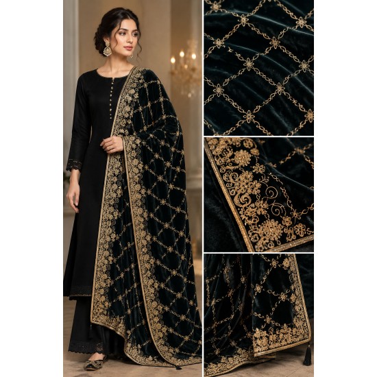 Black Gold Thread Embroidered Winter Velvet Shawl