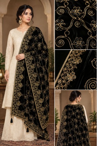 Black Embroidered Wrap Shawl
