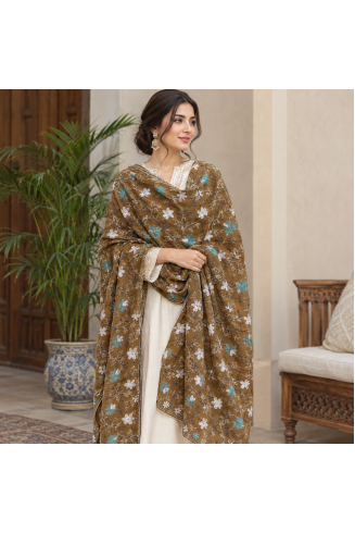 Brown Floral Embroidered Pashmina Shawl