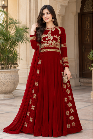 MAROON WEDDING WEAR LEHENGA GOWN MANUFACTURED BY ASIAN COUTURE