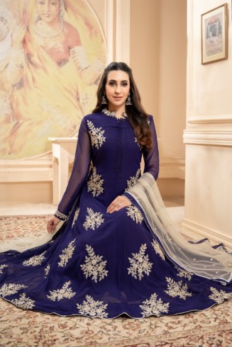 Blue Gold Embroidered Long Dress Party Wear