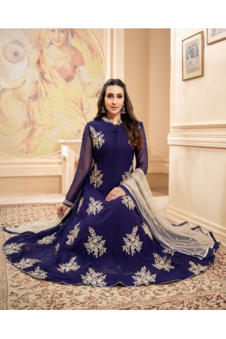 Blue Gold Embroidered Long Dress Party Wear