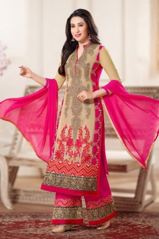 Beige Pink Embroidered Dress Indian Designer Suit 