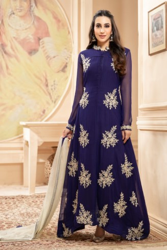 Blue Gold Embroidered Long Dress Party Wear