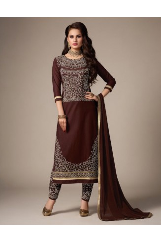 Brown Designer Embroidered Dress Kurti Salwar Suit