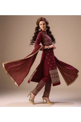 Maroon Dress Shirt Cotton Salwar Kameez Embroidered Suit