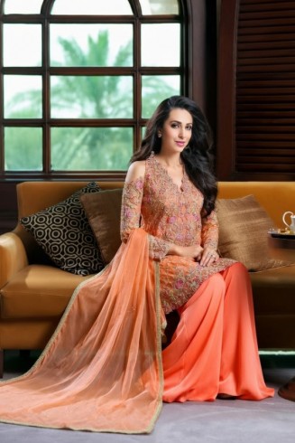 Orange Embroidered Straight Cut Palazzo Suit