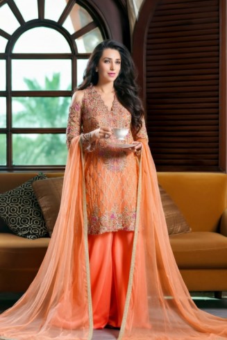 Orange Embroidered Straight Cut Palazzo Suit
