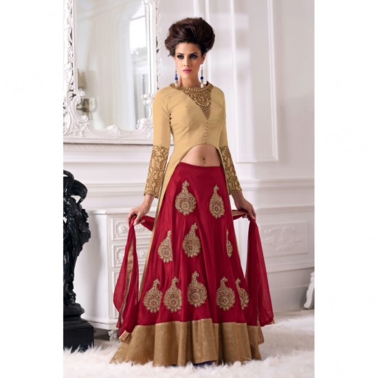 Beige With Red Lengha Dress Party Wear