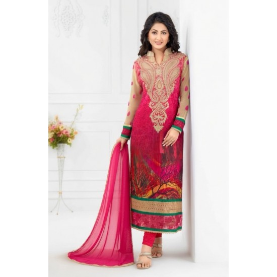 Hot Pink Heena Khan Semi Stitched Churidaar Suit