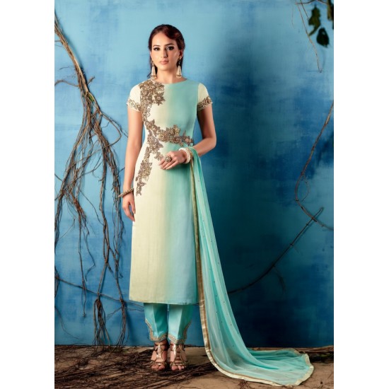 Sea Green Satin Dress Indian Party Wear Salwar Suit