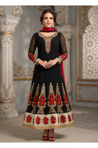 Black Georgette Embroidered Slit Style Anarkali Suit