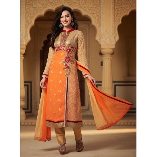 Orange & Beige Georgette Straight Cut Long Kameez Salwar Suit