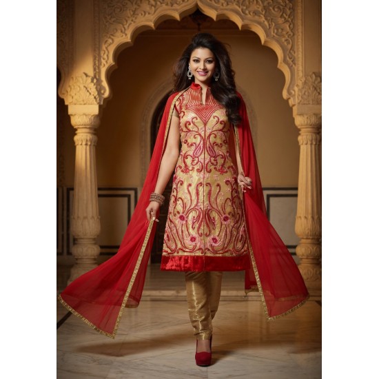 Gold Georgette Straight Cut Embroidered Salwar Suit